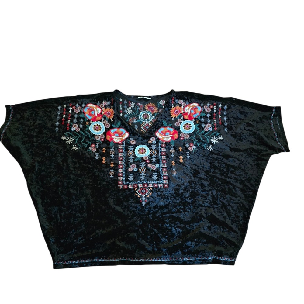 John Mark Embroidered Velvet Top Bohemian Tunic Dolman Sleeve Blouse S/M
